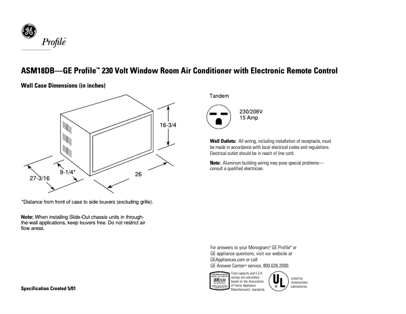 Page n°1 - Fiche technique GE Profile ASM18DB