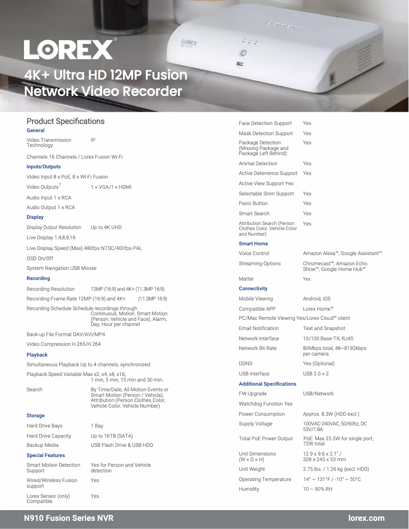 Página 1 del manual Ficha técnica Lorex N910A62