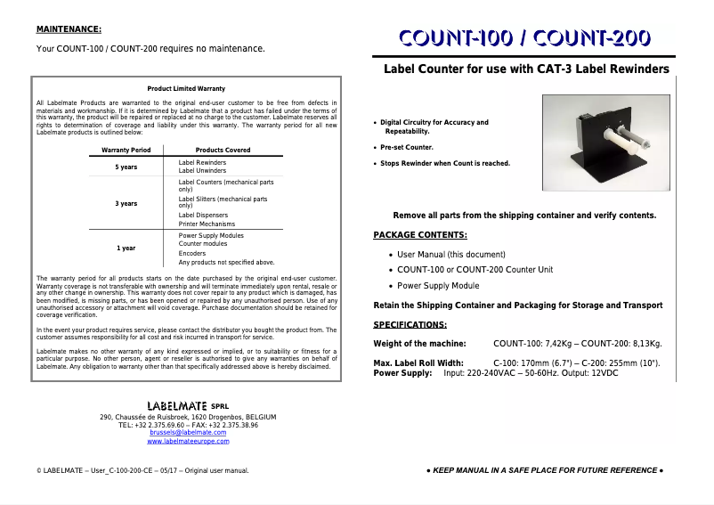 Page n°1 - Manuel utilisateur Labelmate Count-200