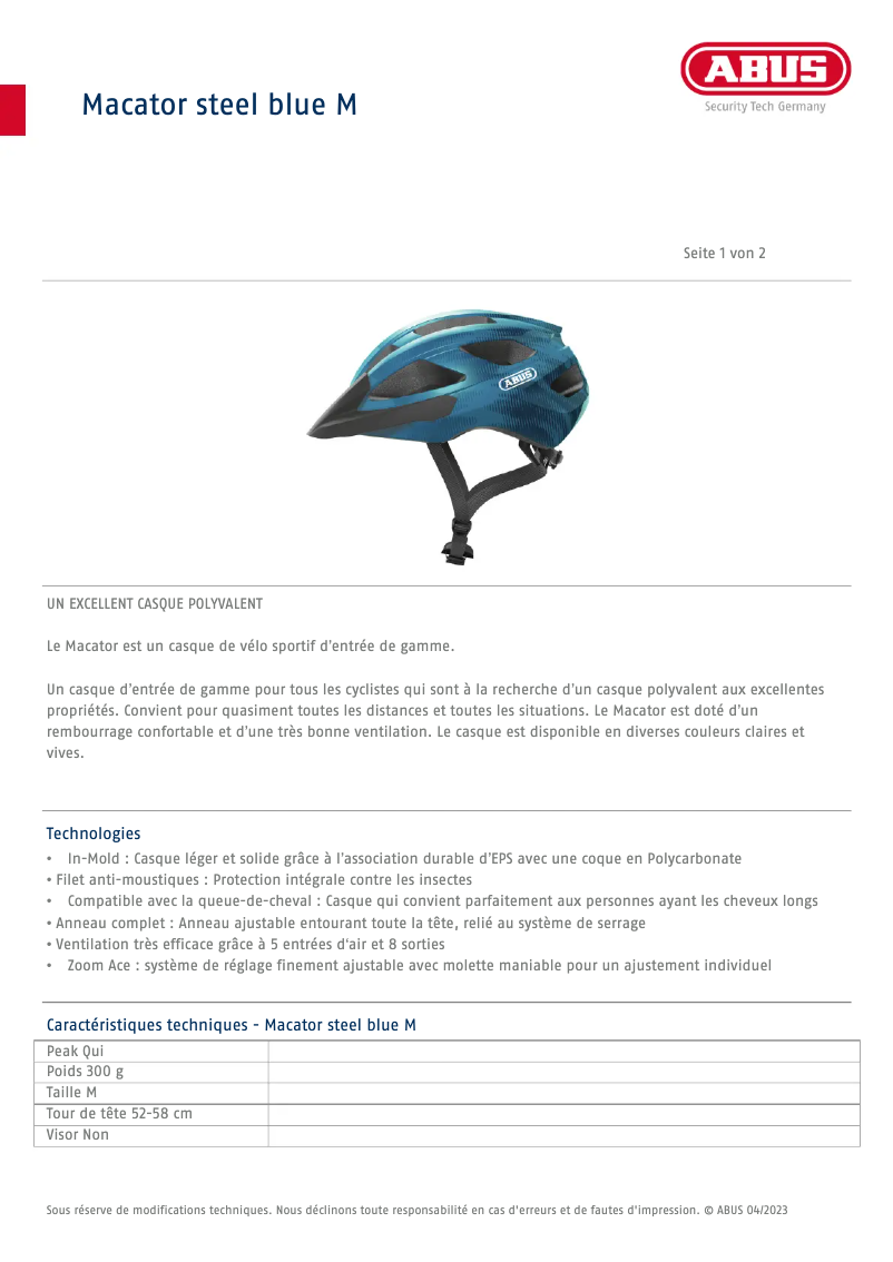 Página 1 del manual Ficha técnica Abus Macator