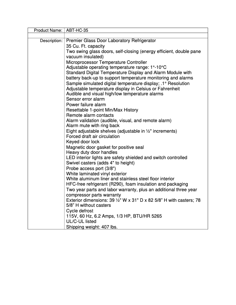 Page 1 de la notice Fiche technique American BioTech Supply ABT-HC-35