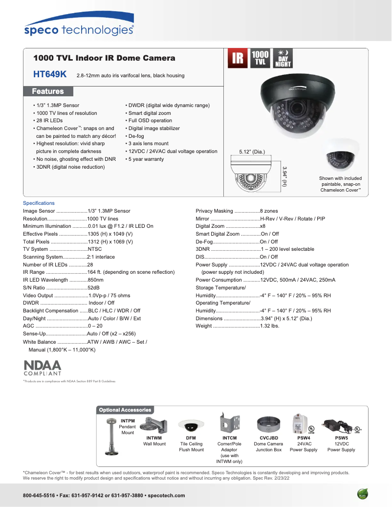 Page 1 de la notice Fiche technique Speco Technologies HT649K