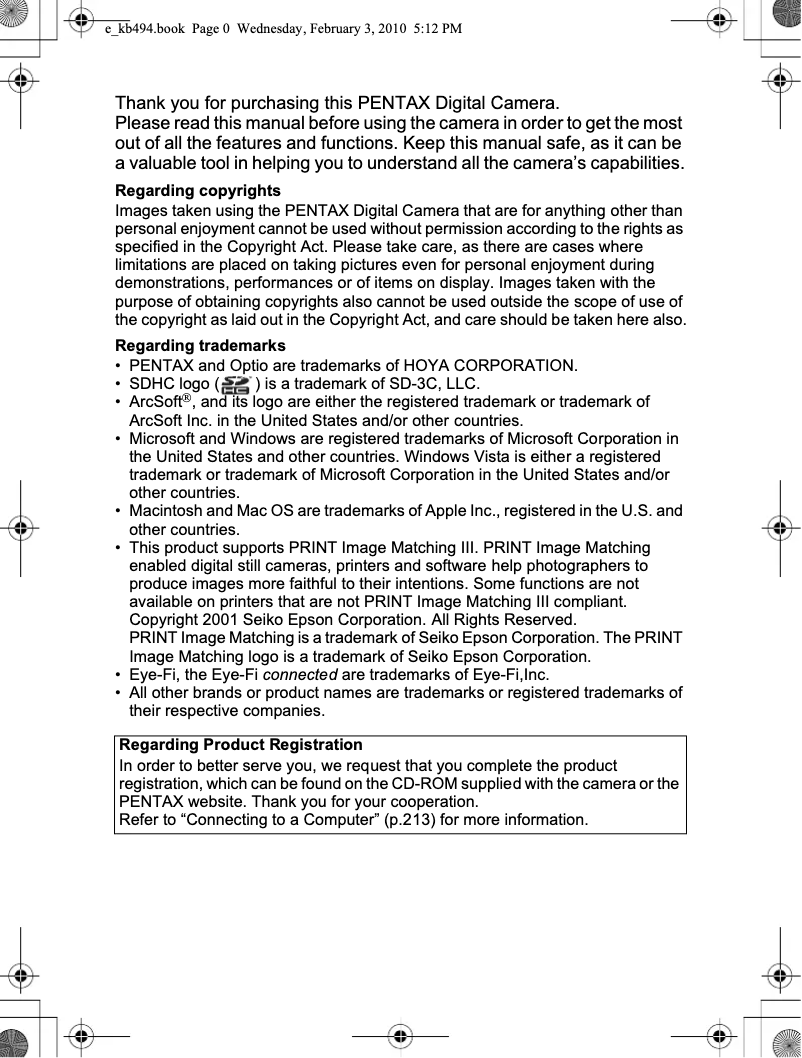 Page 1 de la notice Manuel utilisateur Pentax Optio L20