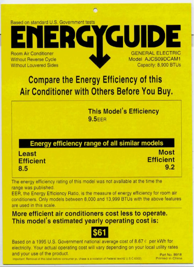 Page 1 de la notice Label énergétique GE AJCS09DC