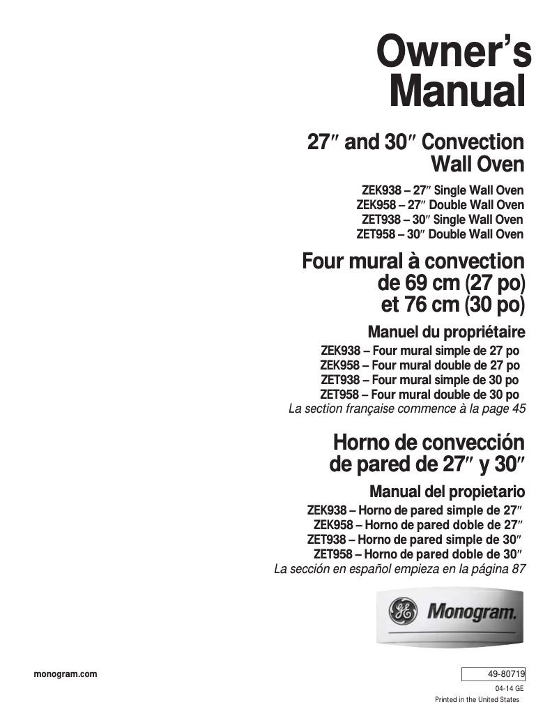 Page 1 de la notice Manuel d'utilisation et d'entretien GE ZEK938SMSS