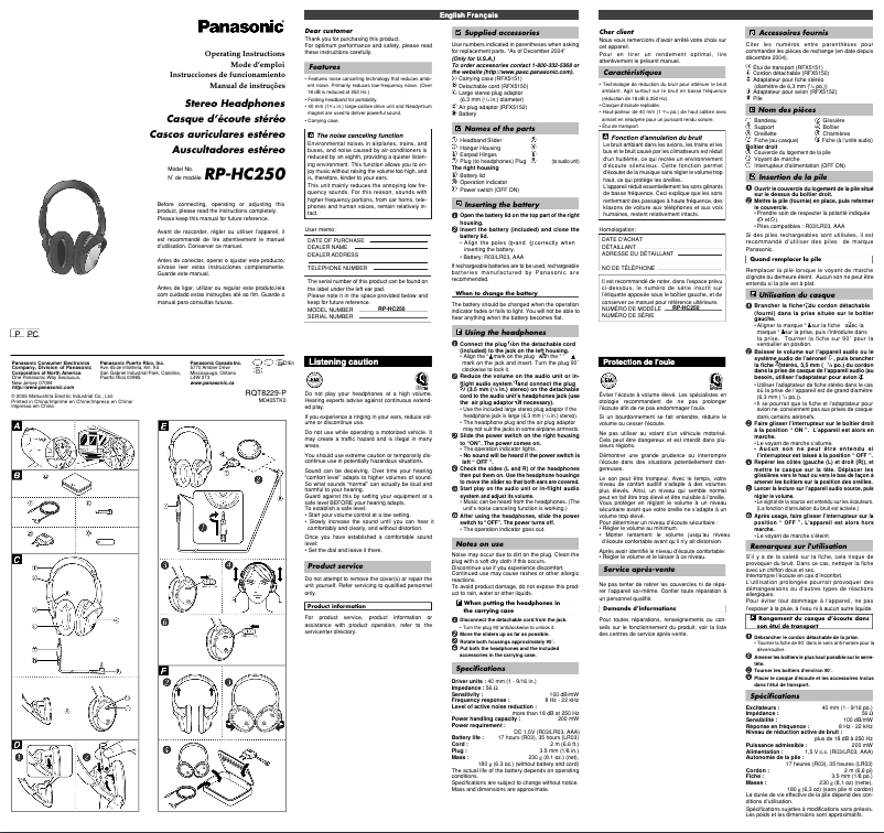 Page n°1 - Manuel utilisateur Panasonic RP-HC250