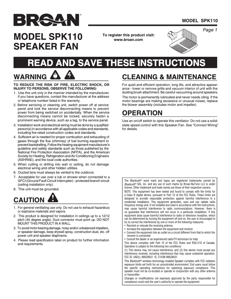 Page n°1 - Manuel utilisateur Broan SPK110