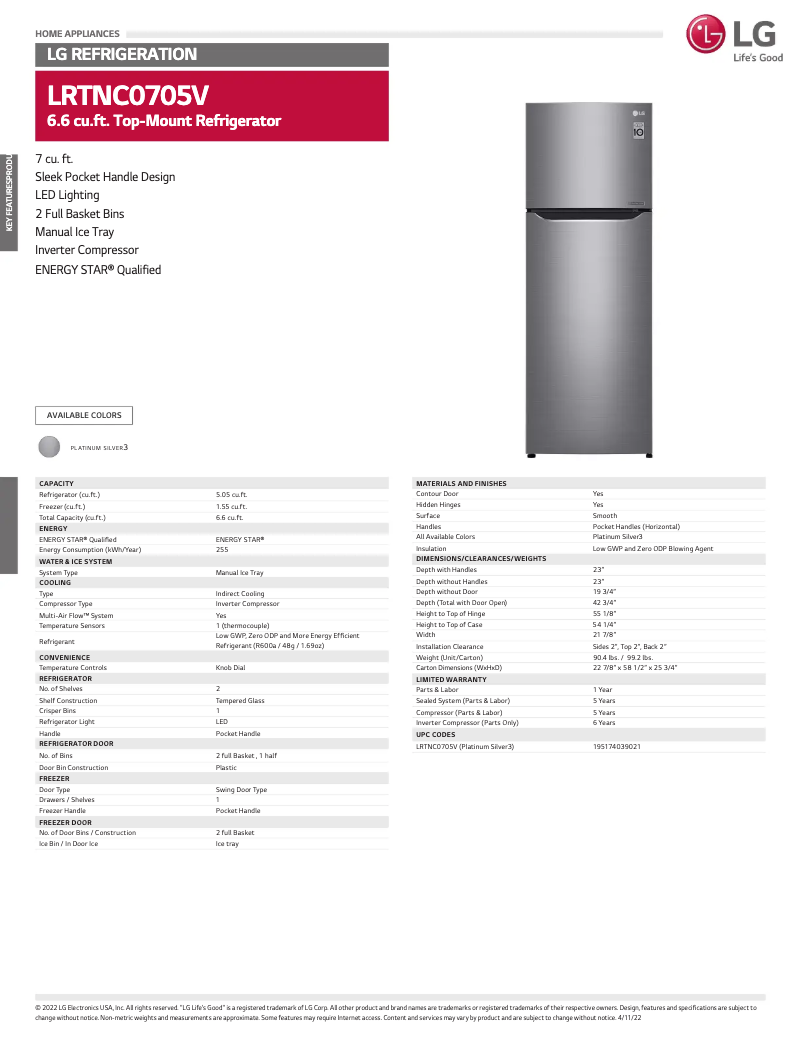 Página 1 del manual Ficha técnica LG LRTNC0705V