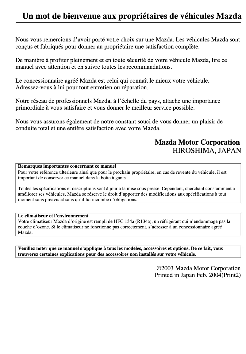 Page 1 de la notice Manuel utilisateur Mazda MX-5 (2004)