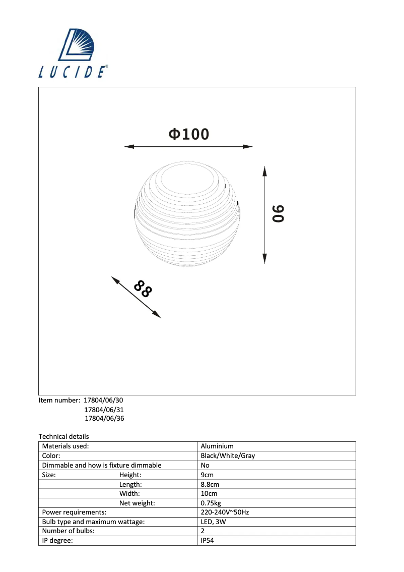 Page 1 de la notice Manuel utilisateur Lucide Ayo 17804/06/30