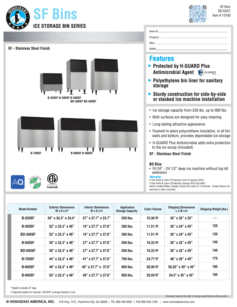 Page 1 de la notice Fiche technique Hoshizaki BD-500SF