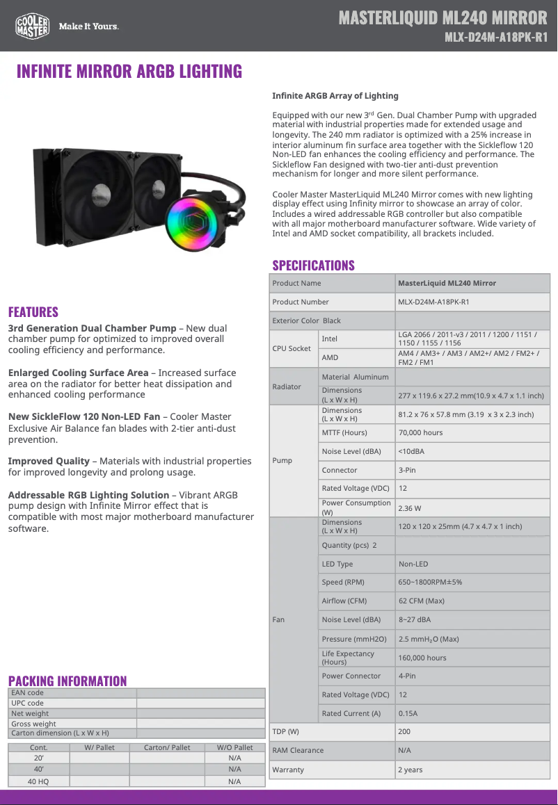 Page 1 de la notice Manuel utilisateur Cooler Master Masterliquid ML240 Mirror