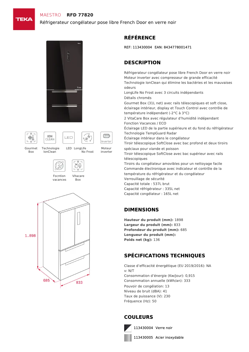 Page 1 de la notice Manuel utilisateur Teka RFD 77820