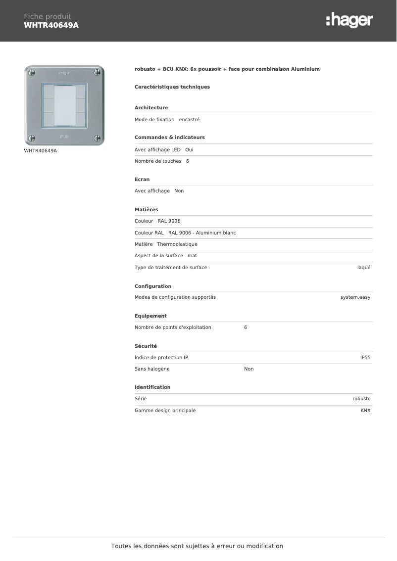 Page n°1 - Fiche technique Hager WHTR40649A