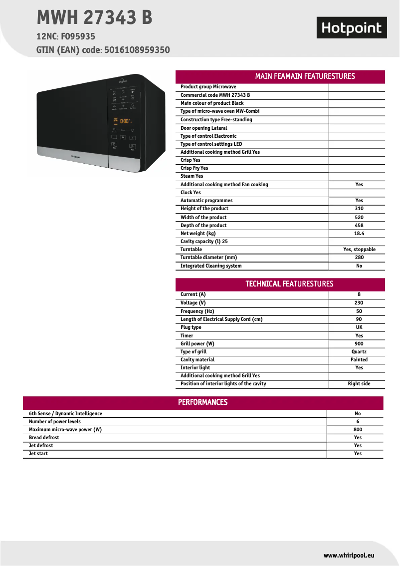 Page 1 de la notice Fiche technique Hotpoint MWH 27343 B