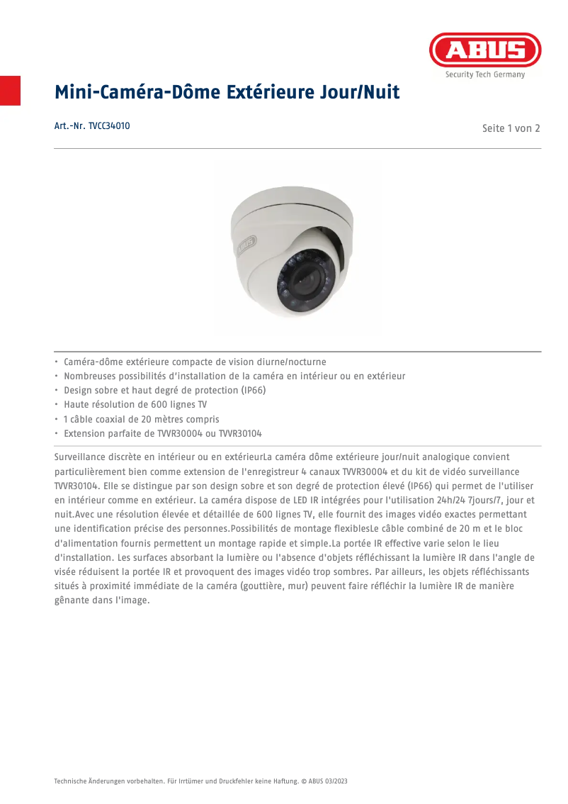 Page n°1 - Fiche technique Abus TVCC34010