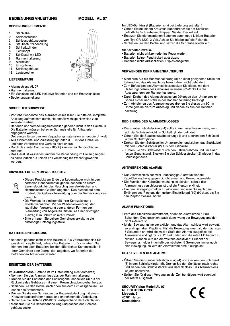Page 1 de la notice Manuel utilisateur SECURITY plus AL07