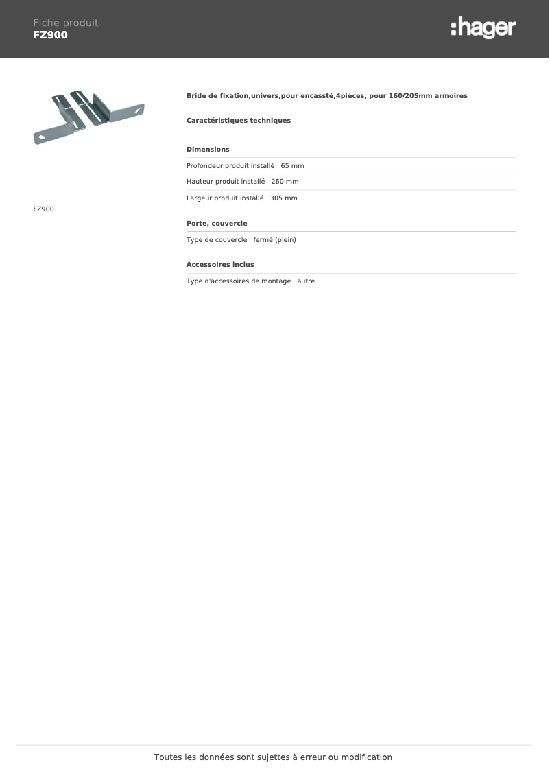 Page n°1 - Fiche technique Hager FZ900