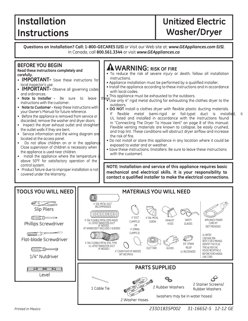 Page 1 de la notice Guide d'installation GE Spacemaker GTUP270EMWW