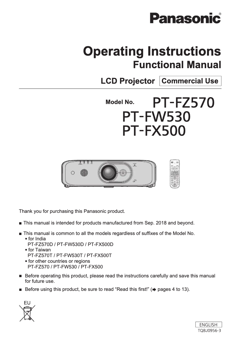 Page 1 de la notice Manuel utilisateur Panasonic PT-FZ570