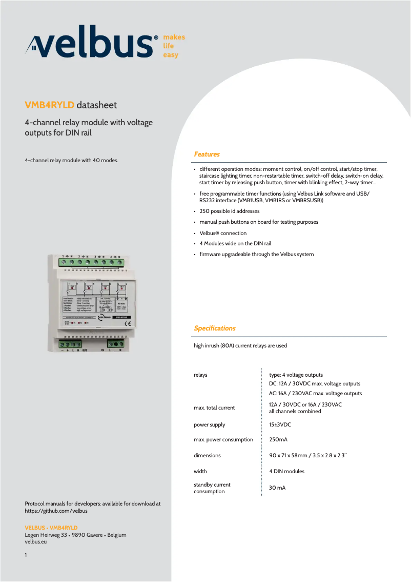 Page 1 de la notice Fiche technique Velbus VMB4RYLD