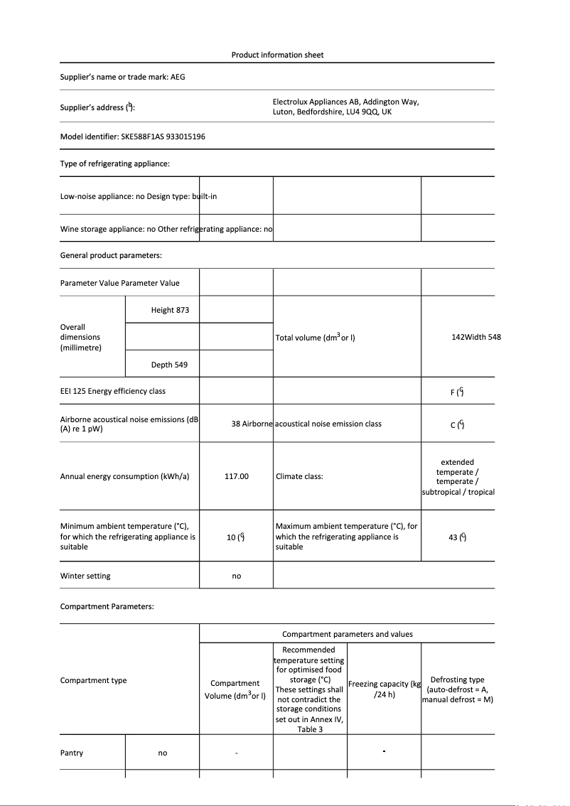 Page n°1 - Fiche technique AEG SKE588F1AS