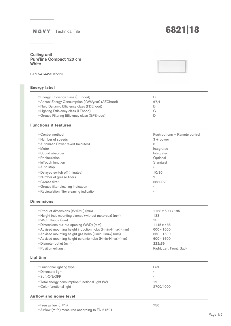 Page n°1 - Fiche technique Novy Pure'line Compact 6821