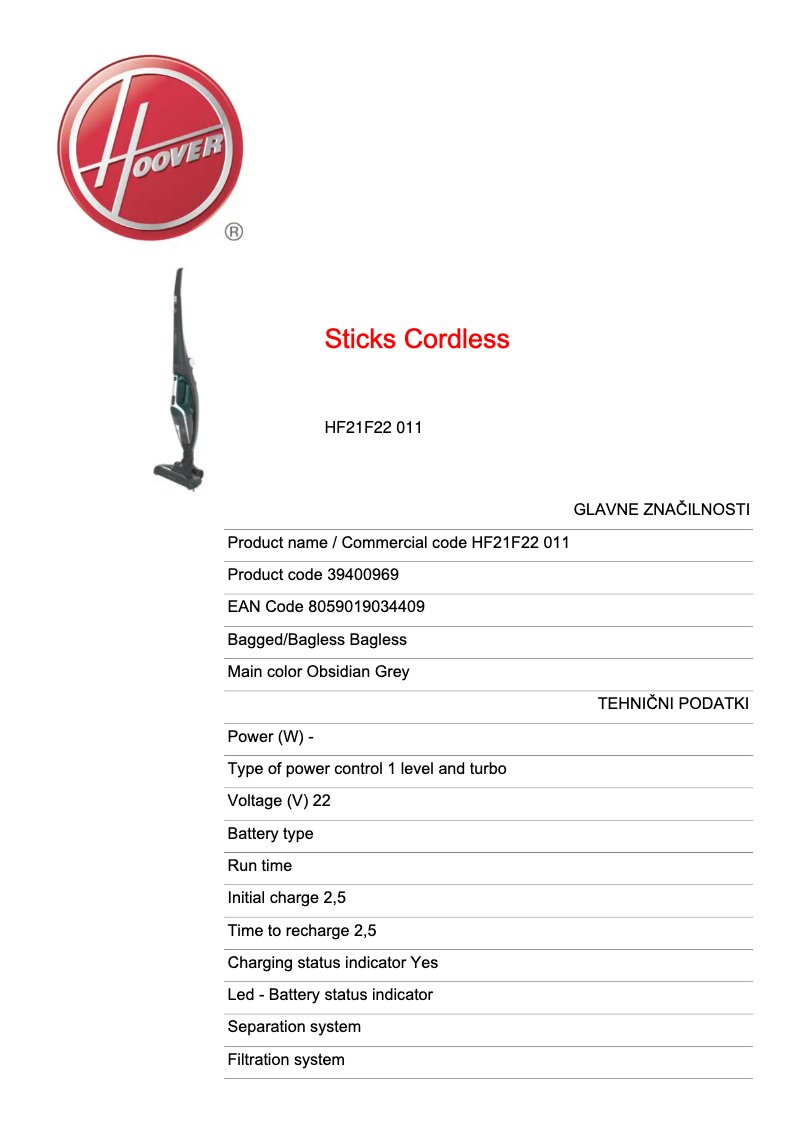 Page 1 de la notice Fiche technique Hoover HF21F22 011