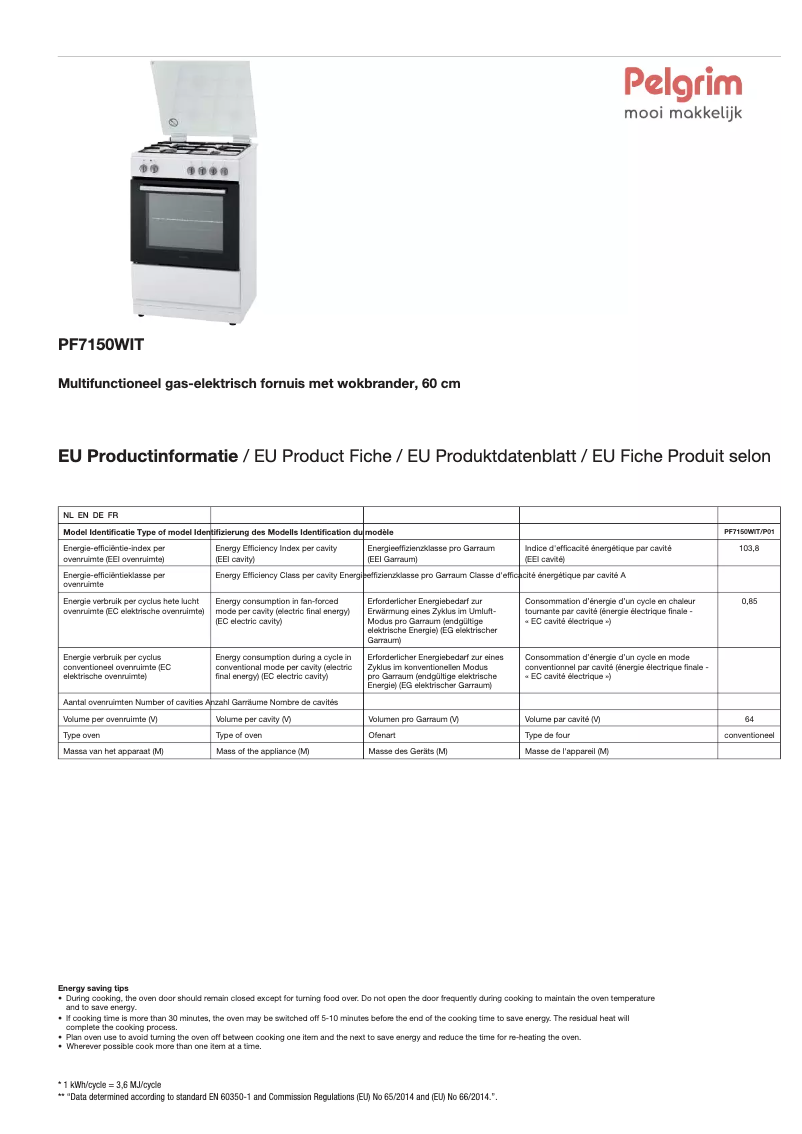 Page 1 de la notice Fiche technique Pelgrim PF7150WIT