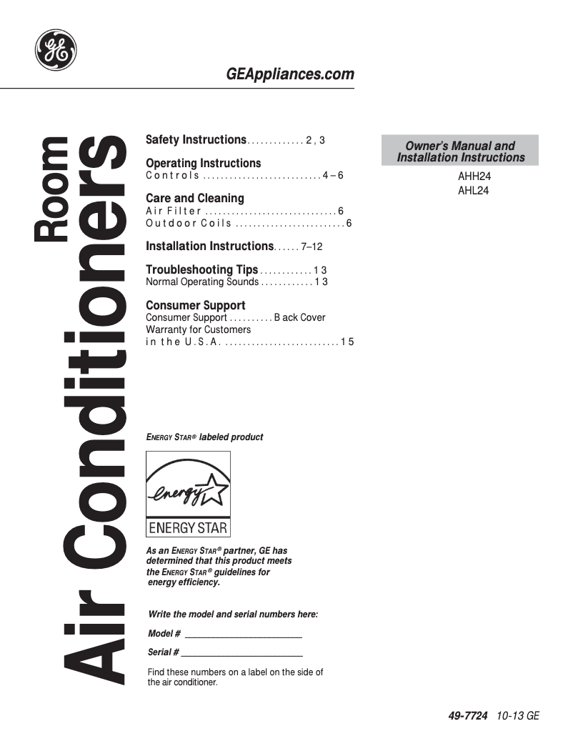 Page 1 de la notice Manuel d'utilisation et d'entretien GE AHH24DQ
