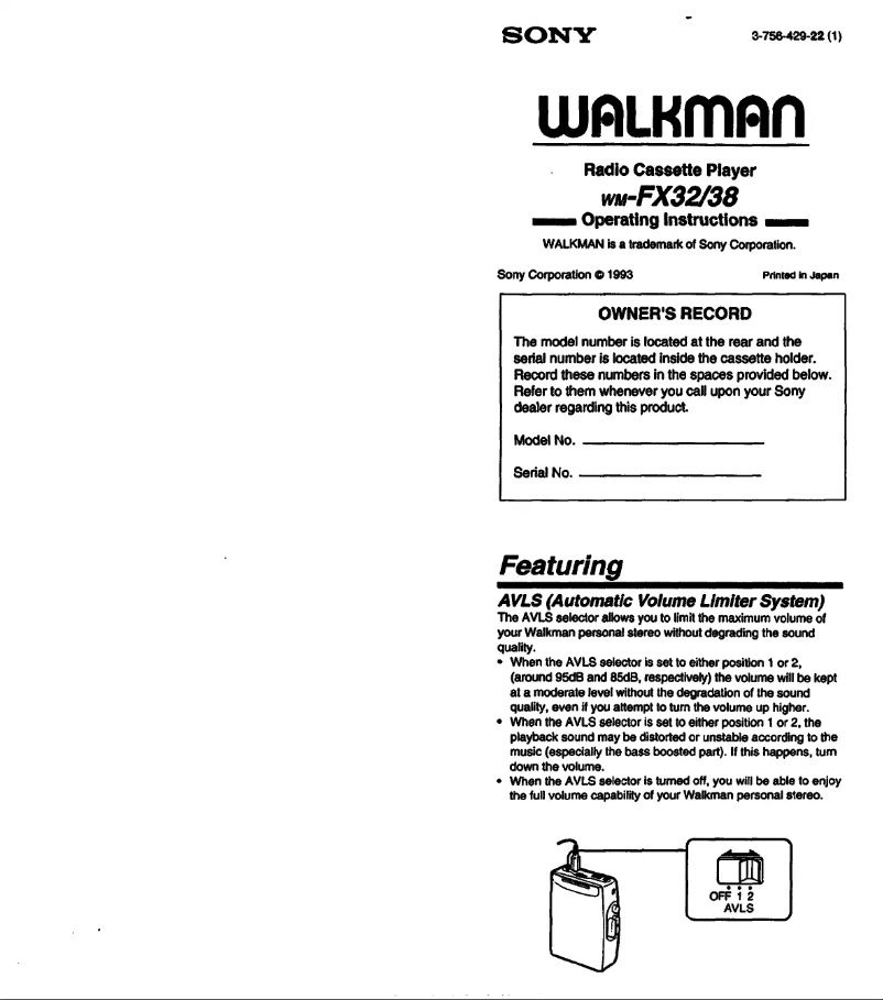 Page 1 de la notice Manuel utilisateur Sony Walkman WM-FX38