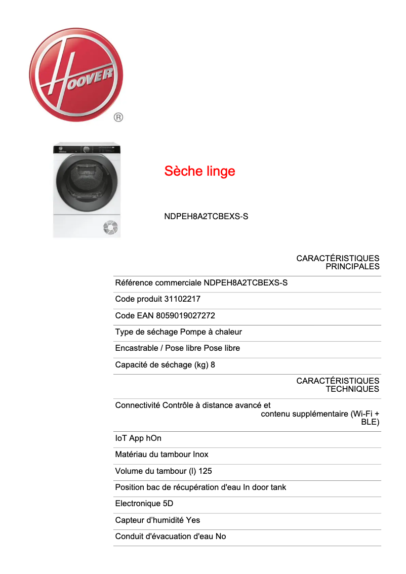 Page n°1 - Fiche technique Hoover NDPEH8A2TCBEXS-S