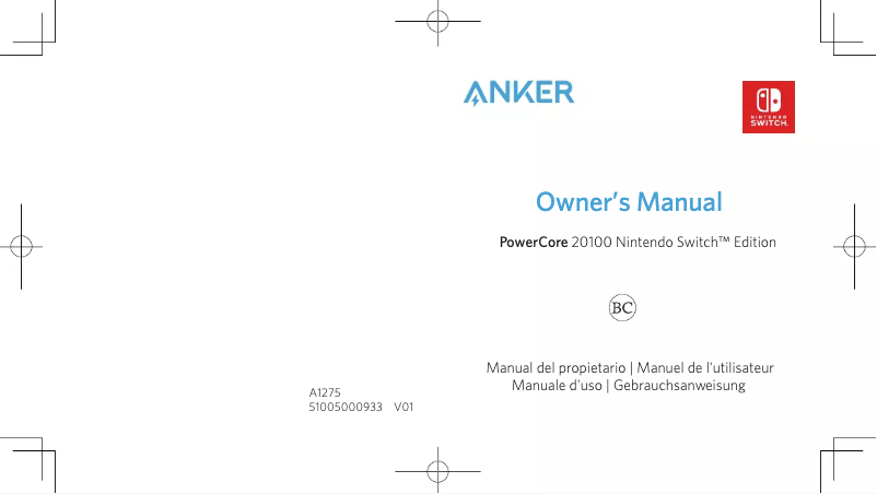 Image de la première page du manuel de l'appareil PowerCore 20100 Nintendo Switch Edition