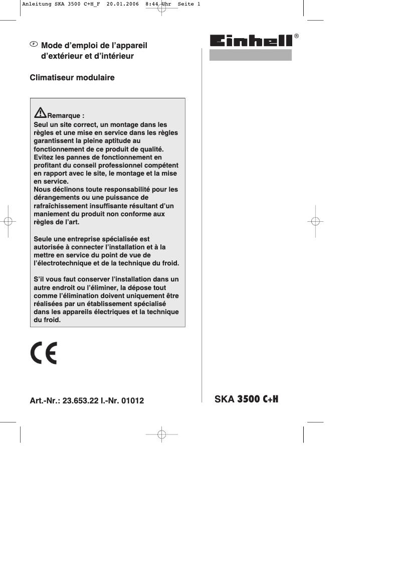 Image de la première page du manuel de l'appareil SKA 3500 C+H