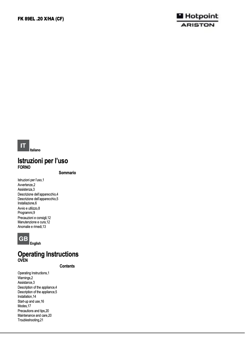 Page 1 de la notice Manuel utilisateur Hotpoint Ariston FK89EL .20 X/HA (CF)