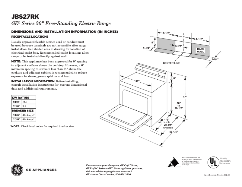 Page n°1 - Fiche technique GE JBS27RKSS