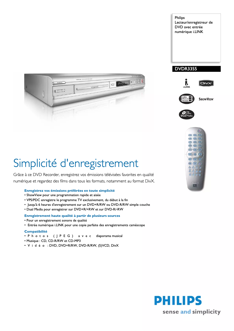 Page n°1 - Fiche technique Philips DVDR3355