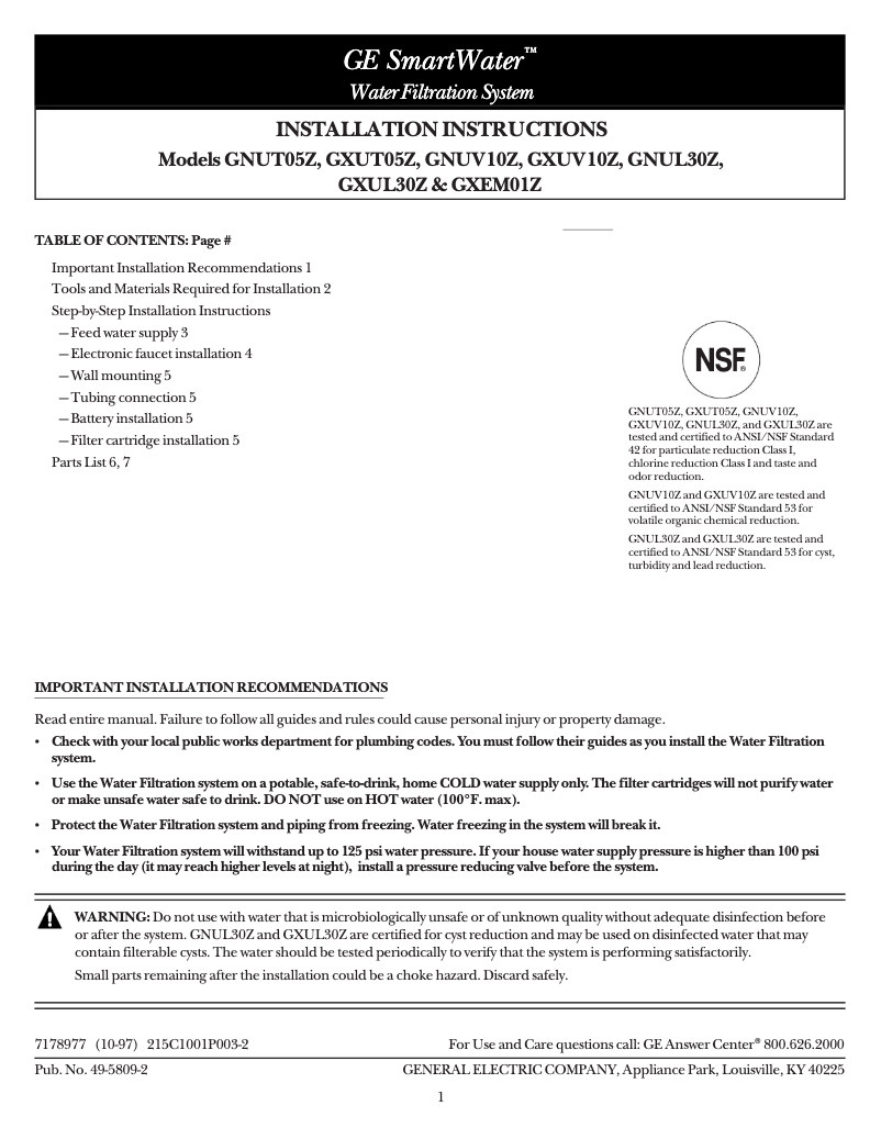 Página 1 del manual Guía de instalación GE GNUV10Z