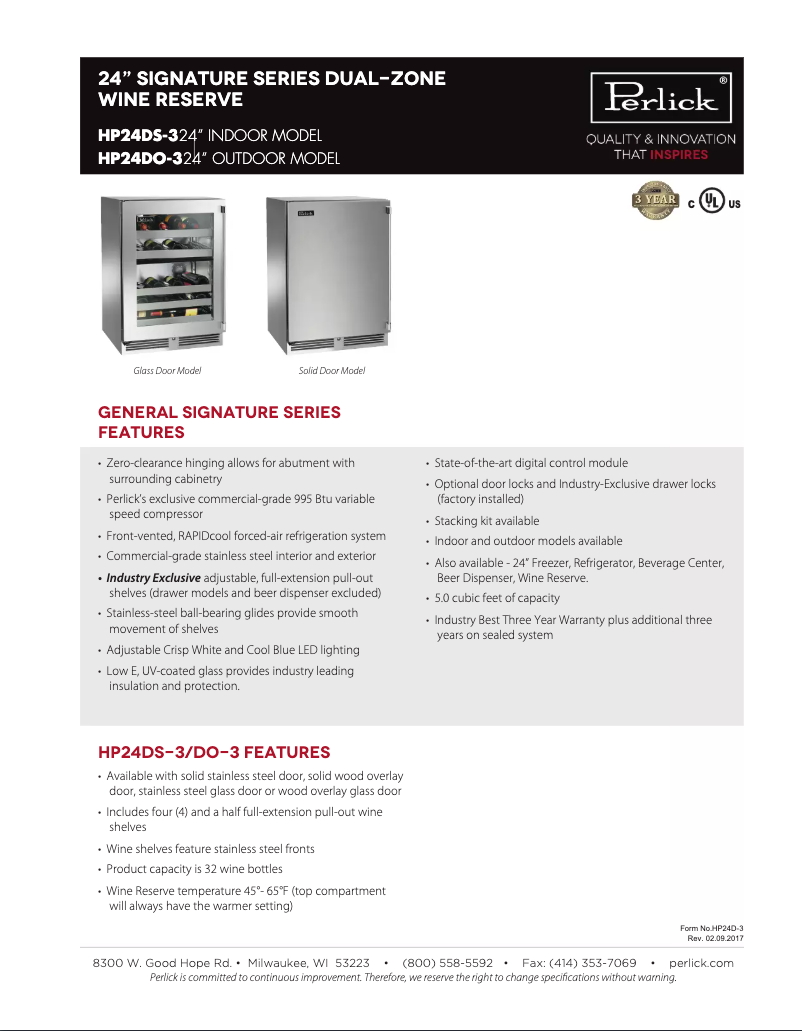 Page 1 de la notice Fiche technique Perlick HP24DS-3-3L