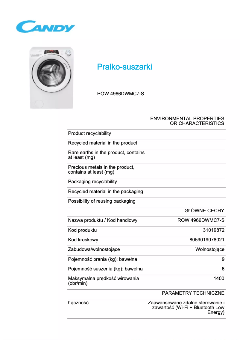Page 1 de la notice Fiche technique Candy ROW 4966DWMC7-S