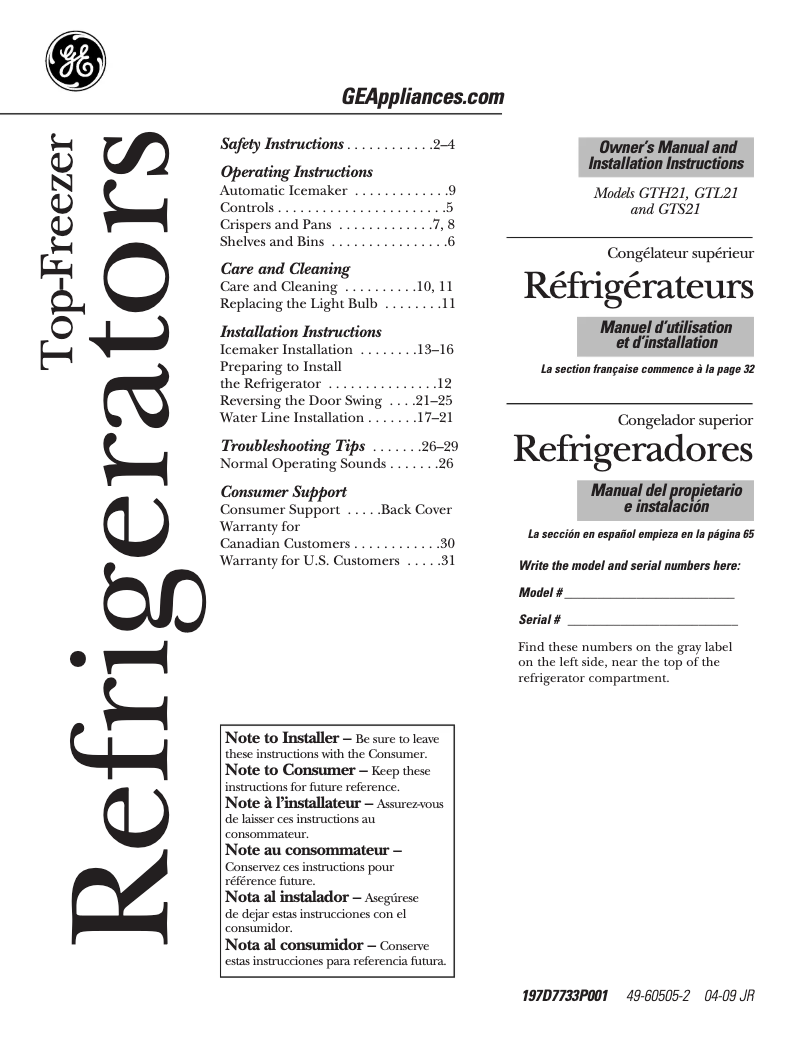 Page n°1 - Manuel d'utilisation et d'entretien GE GTH21SCXSS