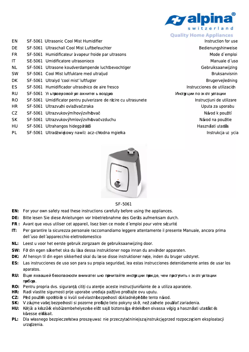 Page 1 de la notice Manuel utilisateur Alpina SF-5061