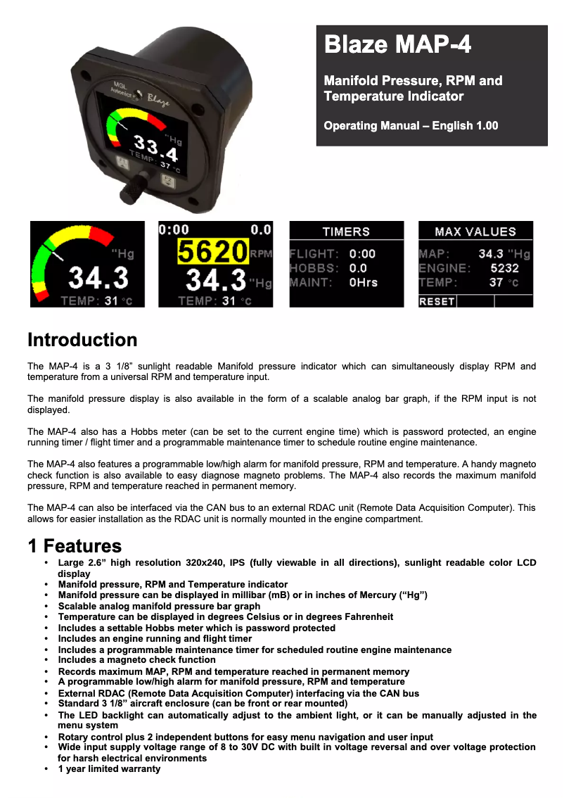 Page n°1 - Manuel utilisateur MGL Avionics Blaze MAP-4