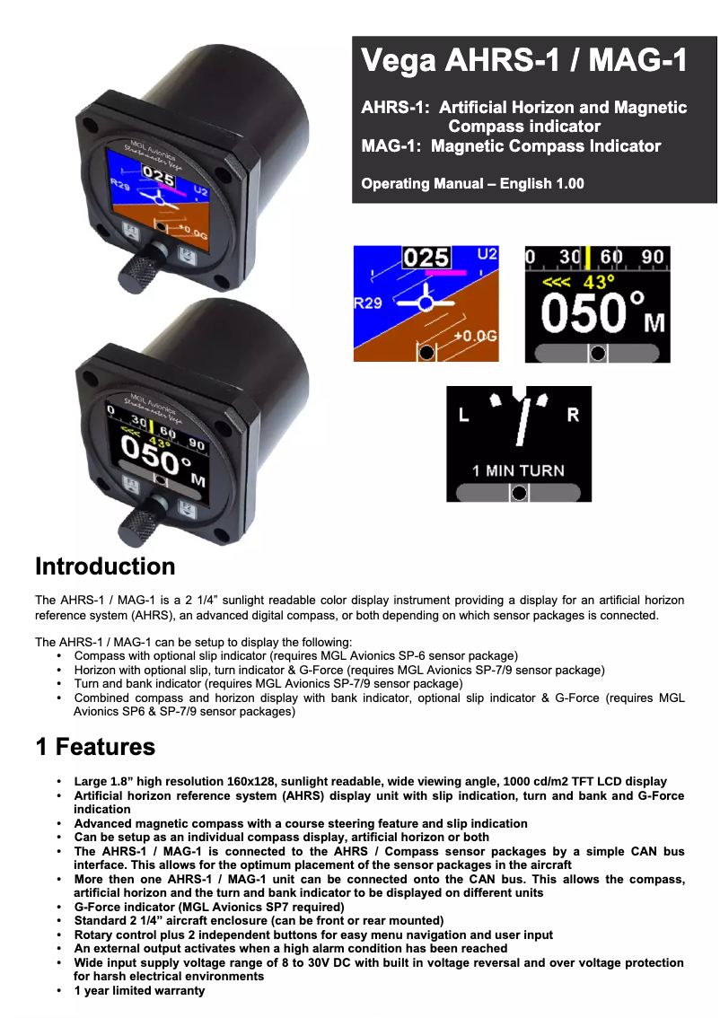 Página 1 del manual Manual de usuario MGL Avionics AHRS-1