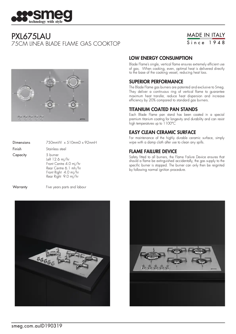 Page n°1 - Fiche technique Smeg PXL675LAU