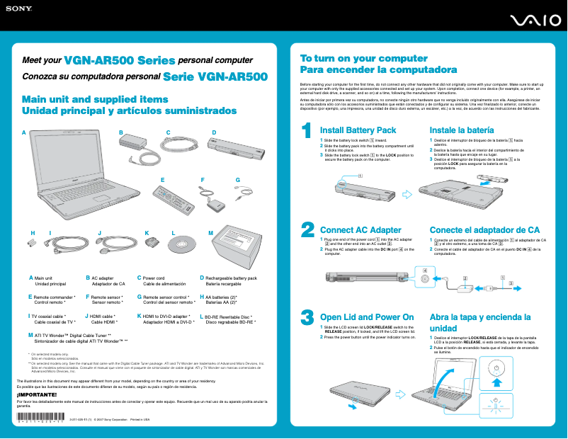 Page 1 de la notice Guide d'installation Sony Vaio VGN-AR520E