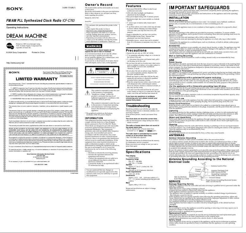 Page n°1 - Manuel utilisateur Sony ICF-C763