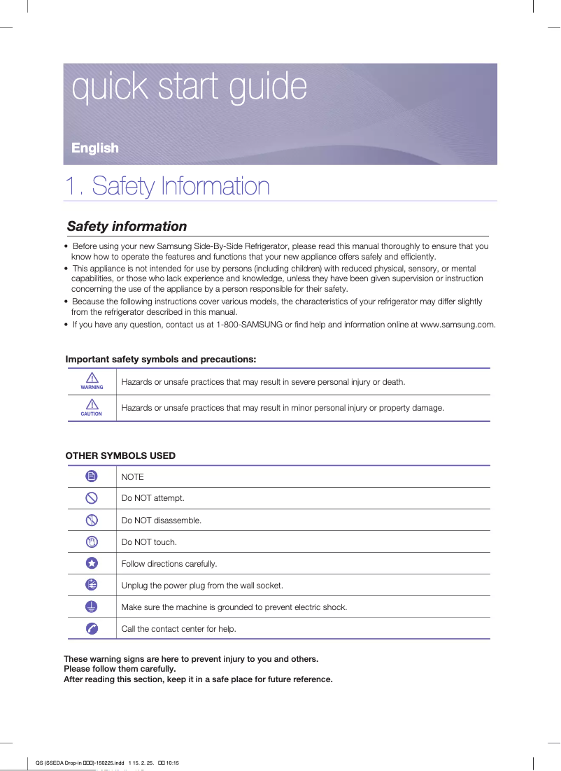 Page n°1 - Guide d'installation Samsung RS25J5008SP