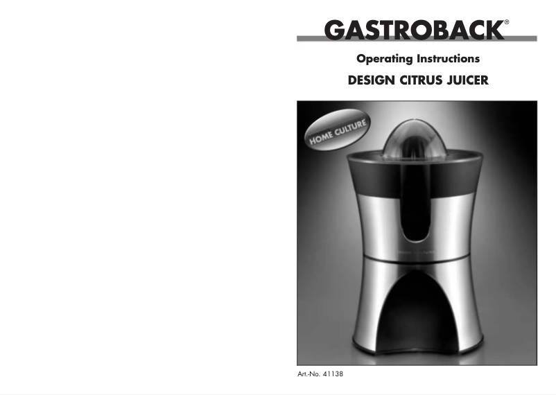 Page 1 de la notice Manuel utilisateur Gastroback Home Culture 0560063