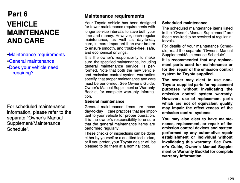 Page 1 de la notice Manuel d'utilisation et d'entretien Toyota RAV4 (1996)